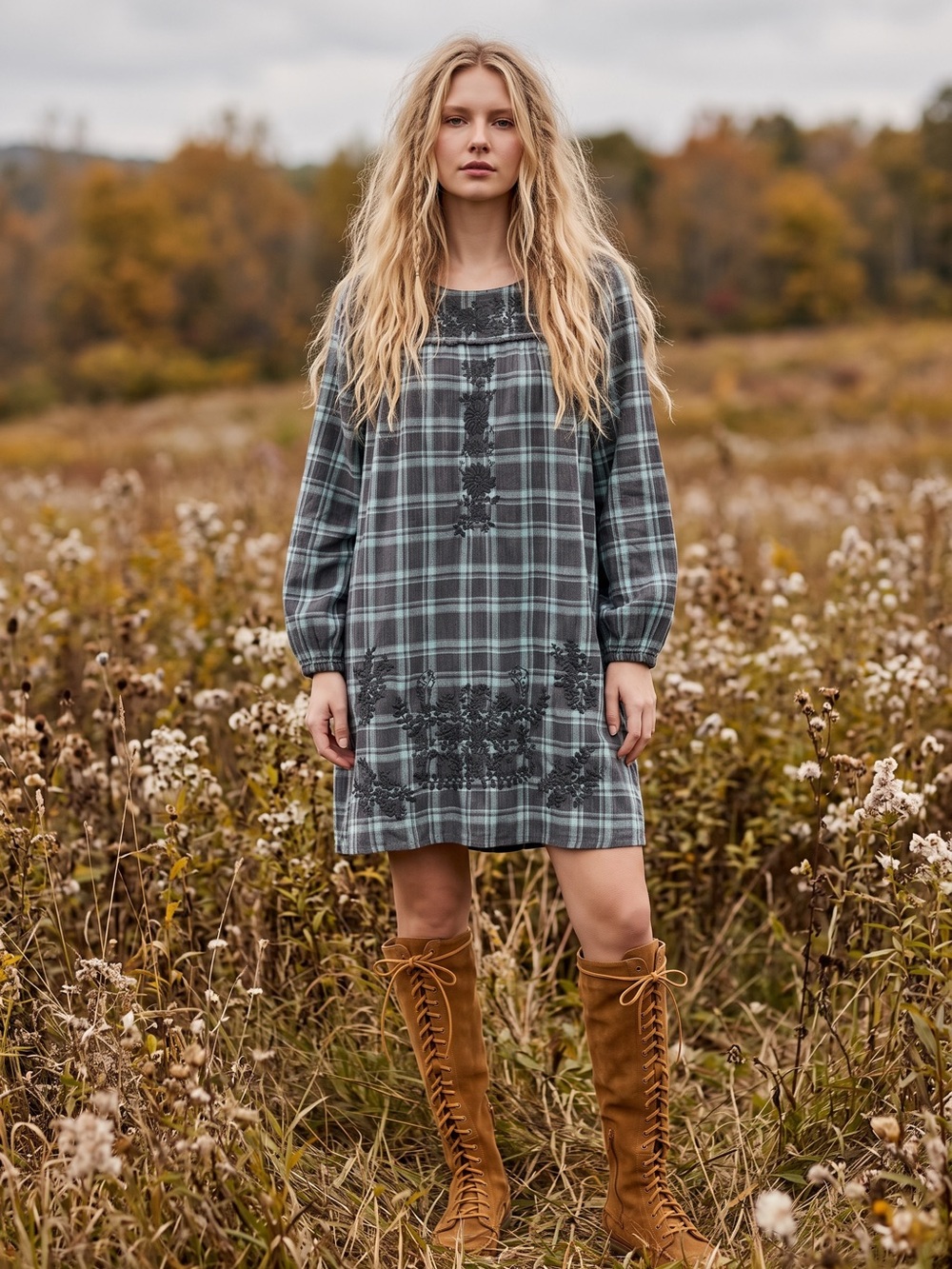 Sister Mary Bohemian Plaid Embroidered Tunic Dress Size Medium Fall Autumn
